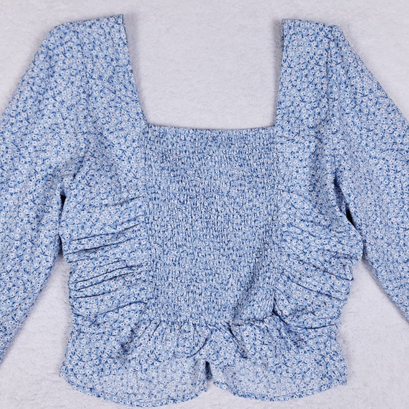 H&M Blue Floral Ruched Long Sleeve Top M V-Neck Smocked Back Coquette Style - Picture 6 of 8